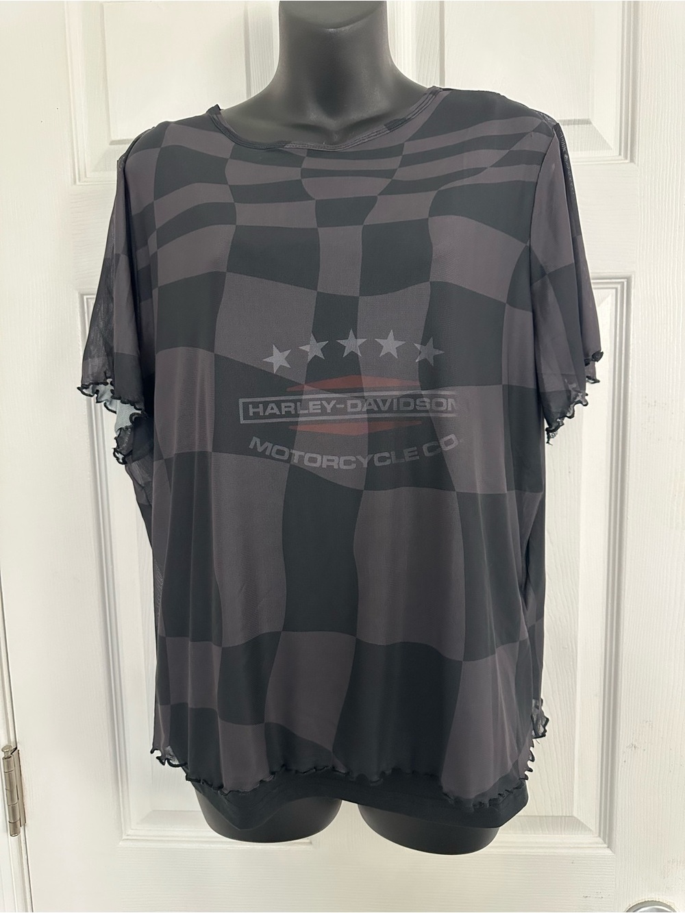 Harley-Davidson Women’s Black & Gray Checkered Short Sleeve Tee